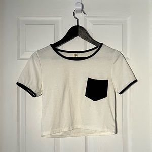 Ringer Crop Top | White with black pocket | Asian size M, fits US size XS-S